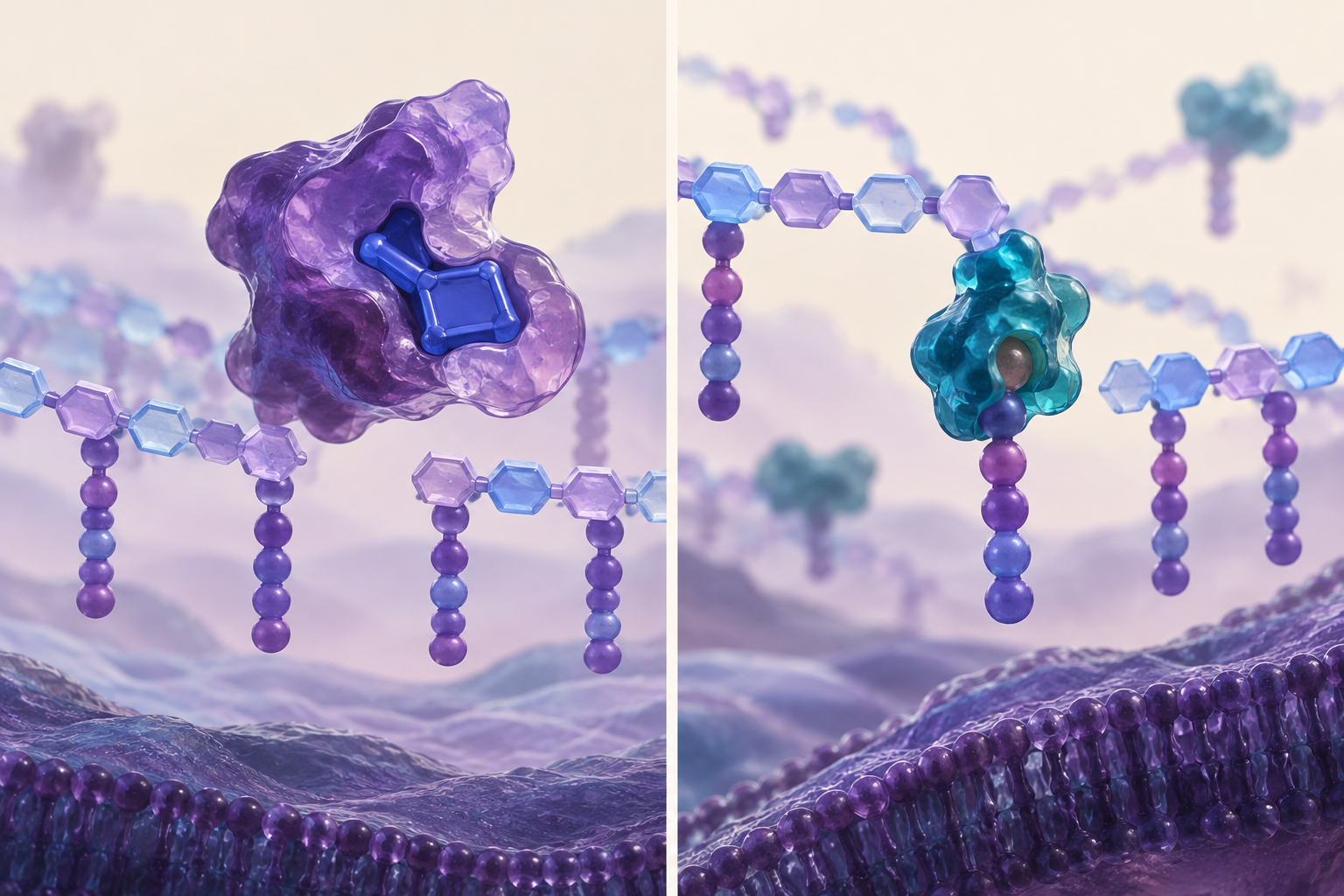 Comparison of a β-lactam blocking a penicillin-binding protein and vancomycin binding the end of a cell-wall precursor.