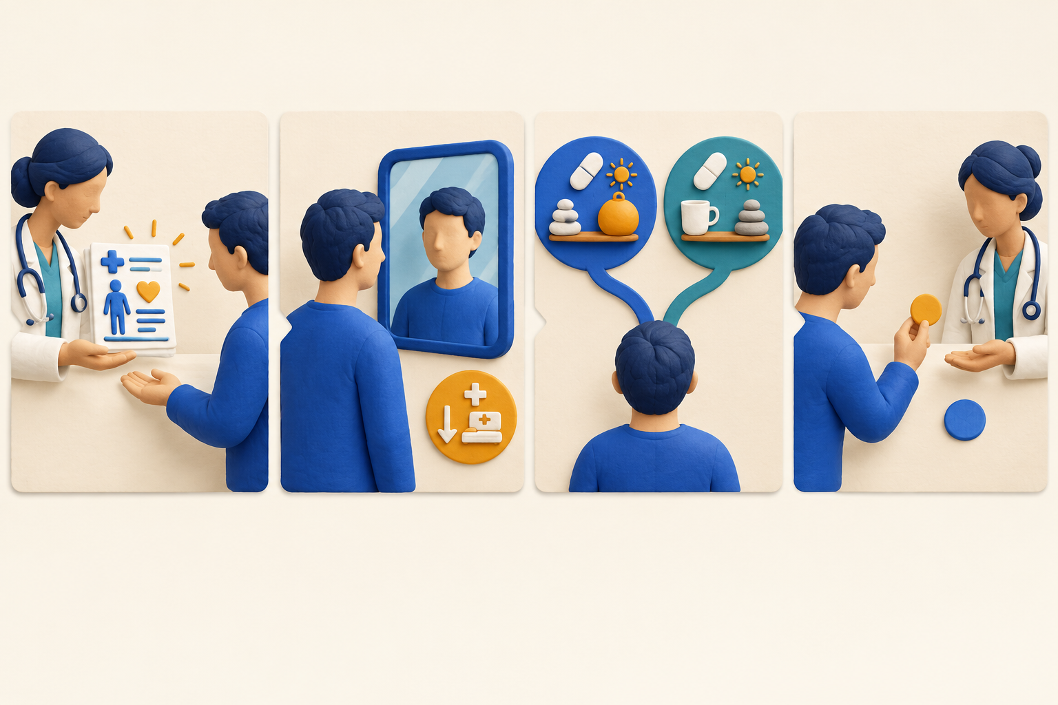 Four connected panels represent understanding medical facts, applying consequences personally, comparing options, and communicating a treatment choice.