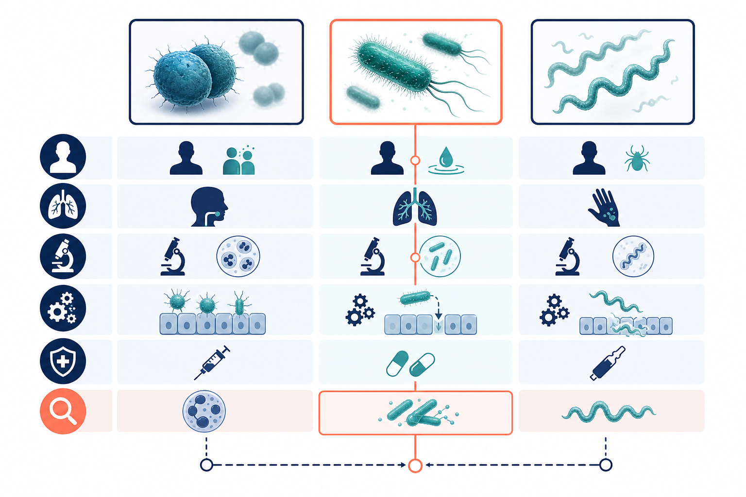 A visual comparison grid shows three similar organisms being separated by host, anatomy, laboratory clue, mechanism, and one decisive feature.