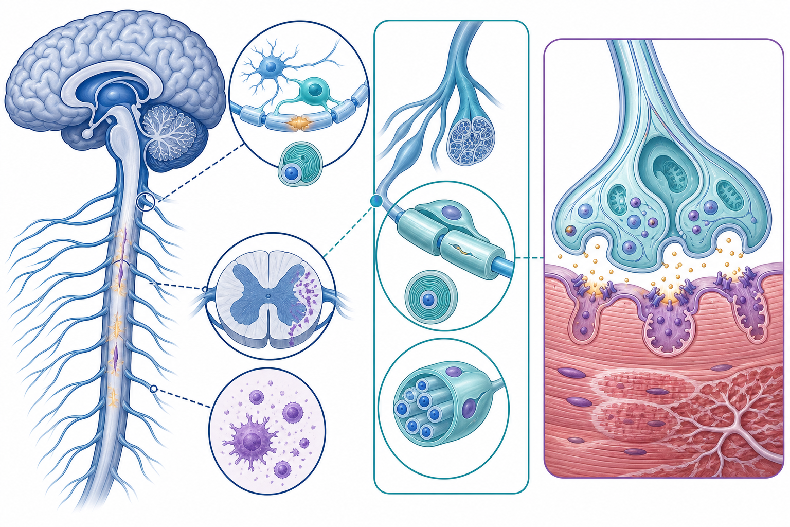Visual comparison of CNS, peripheral nerve, and neuromuscular-junction localization, showing the structures affected in MS, GBS, CMT, and myasthenia gravis.