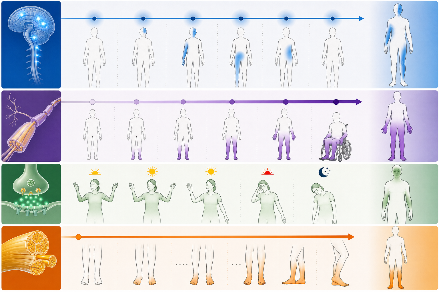 Timeline and localization visual showing episodic MS, acute GBS, fluctuating myasthenia gravis, and slowly progressive Charcot–Marie–Tooth disease.