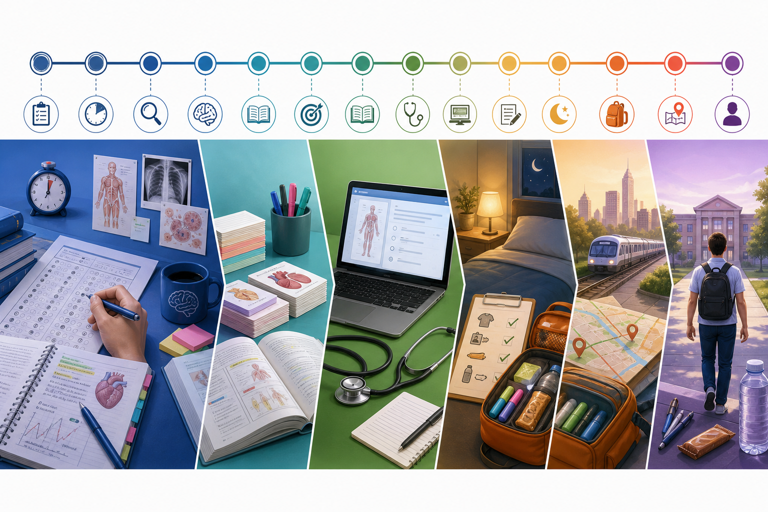 A two-week visual timeline showing the transition from representative practice and targeted repair to tapering, logistics, and test-day execution.