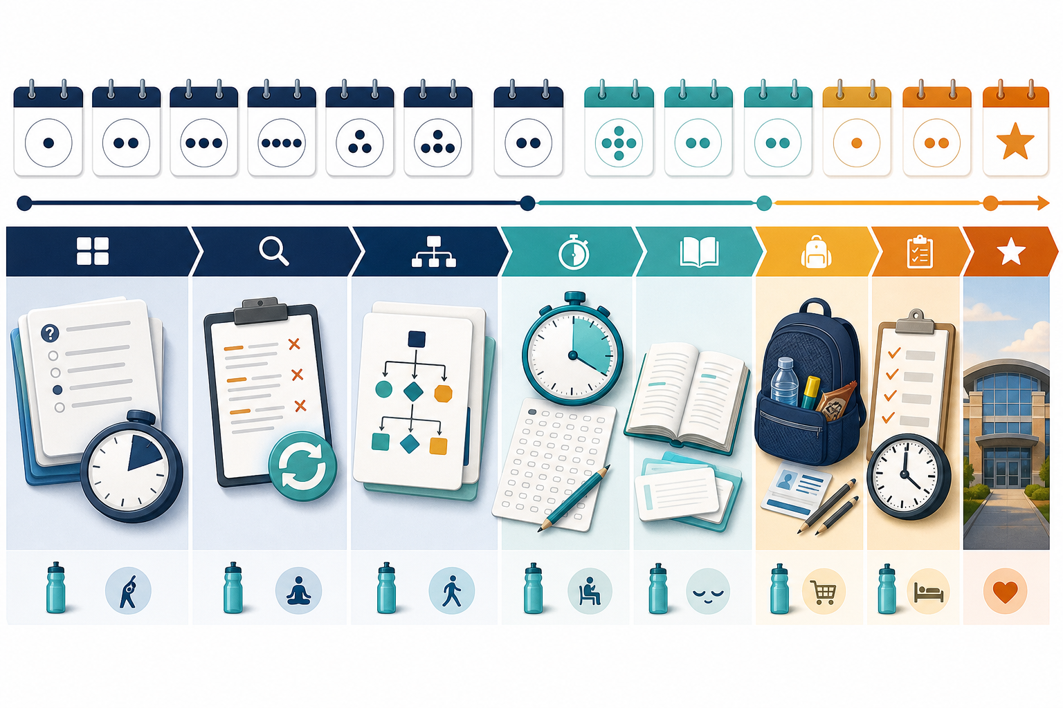 A visual two-week preparation timeline progressing from mixed timed practice and error repair to stamina rehearsal, tapering, and test-day readiness.