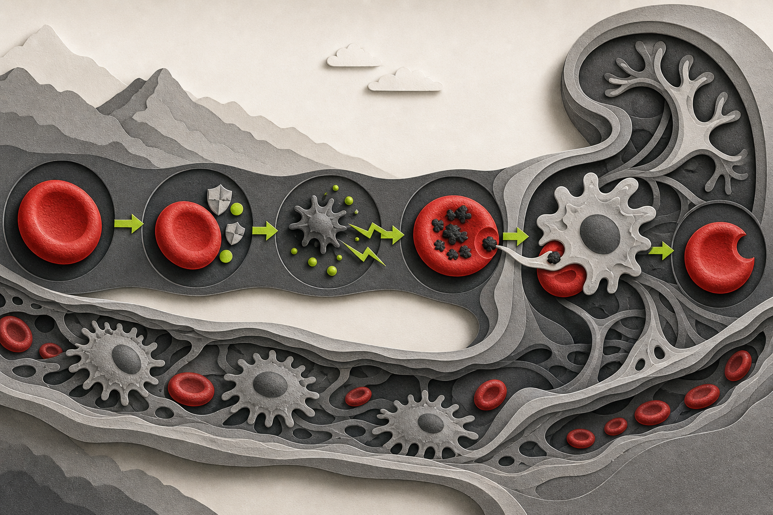 Pathway showing how reduced NADPH limits glutathione regeneration, allowing oxidants to denature hemoglobin into Heinz bodies that are removed by the spleen to form bite cells.