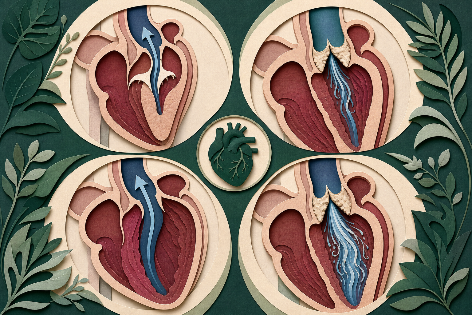 Four-panel comparison showing how low preload shrinks the left ventricle and worsens HCM obstruction while reducing flow through a stenotic aortic valve, with the opposite effects