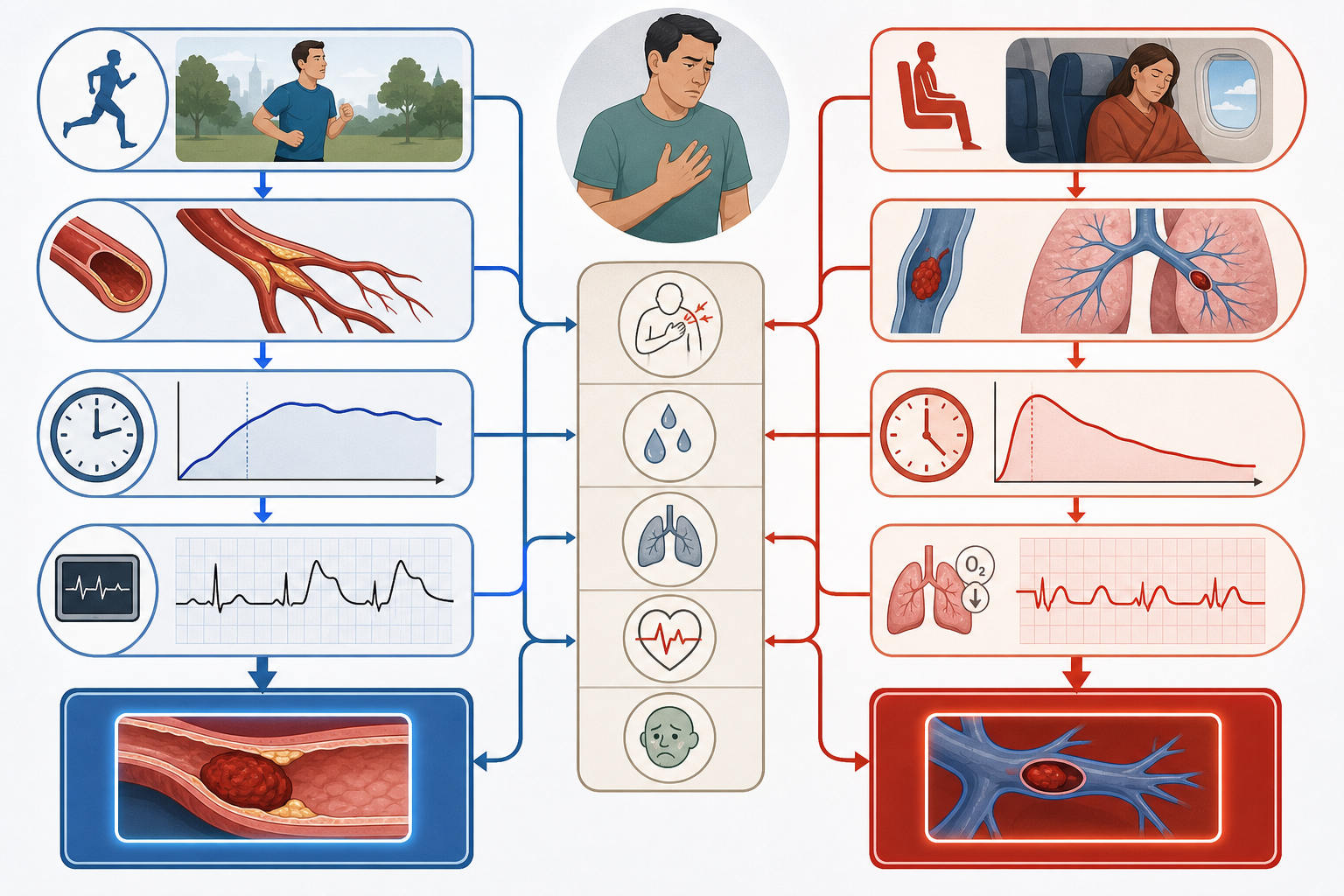 Two parallel illness-script pathways highlighting shared findings and the small number of discriminating clues that separate competing diagnoses.