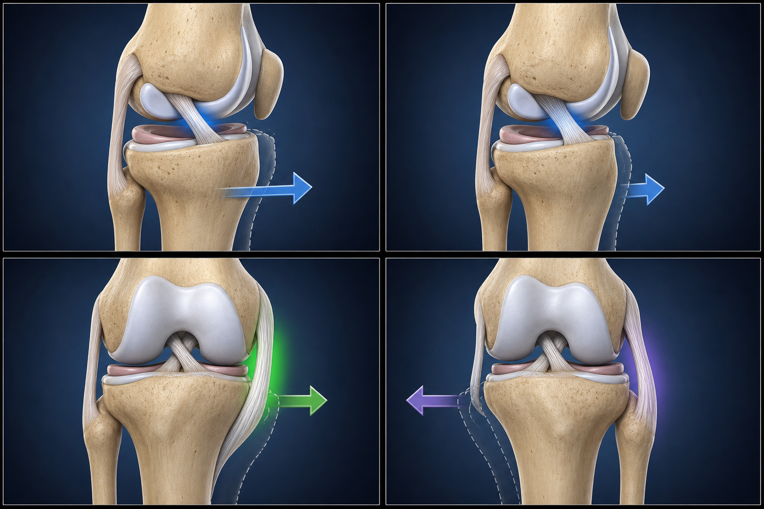 Four-panel visual showing anterior, posterior, valgus, and varus tibial forces and the knee ligament that normally restrains each movement.