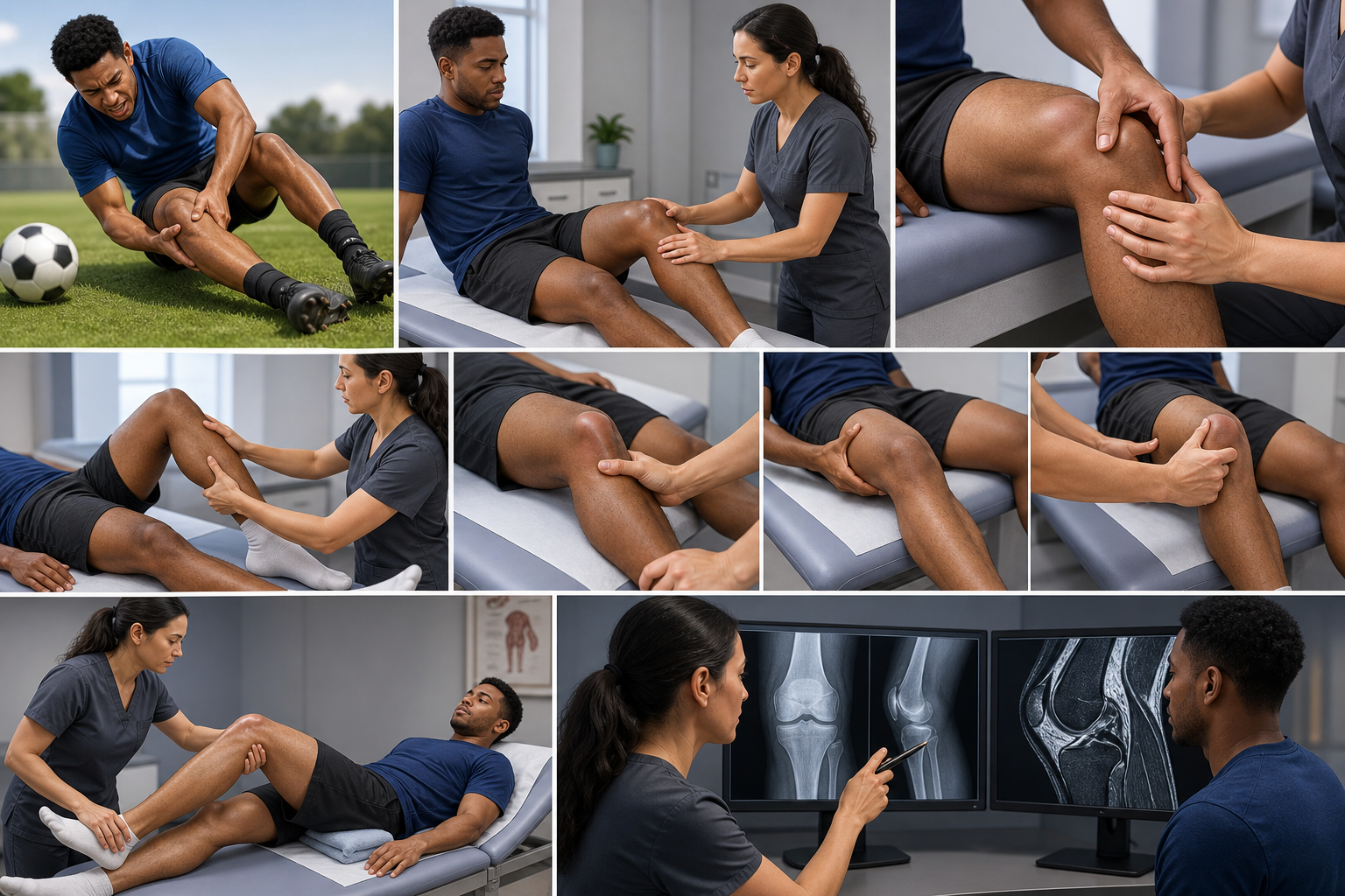 Clinical examination sequence progressing from injury mechanism and knee inspection to ligament stress testing and targeted imaging.