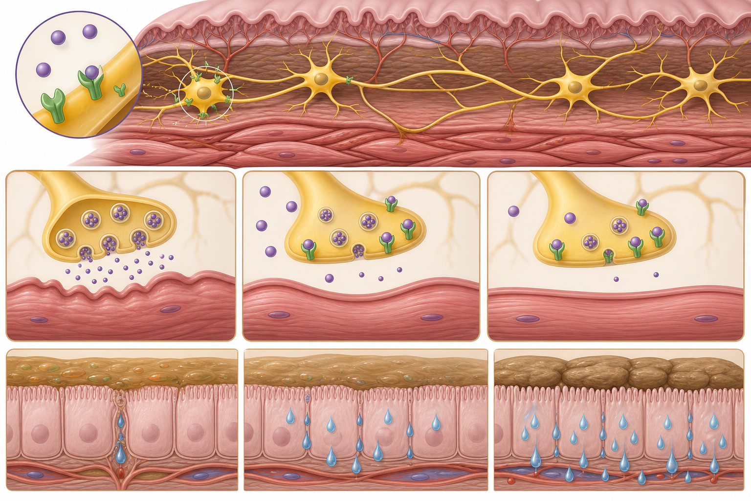 Mechanism diagram showing enteric μ-opioid receptor activation reducing neurotransmitter release, intestinal propulsion, and secretion while increasing transit time.