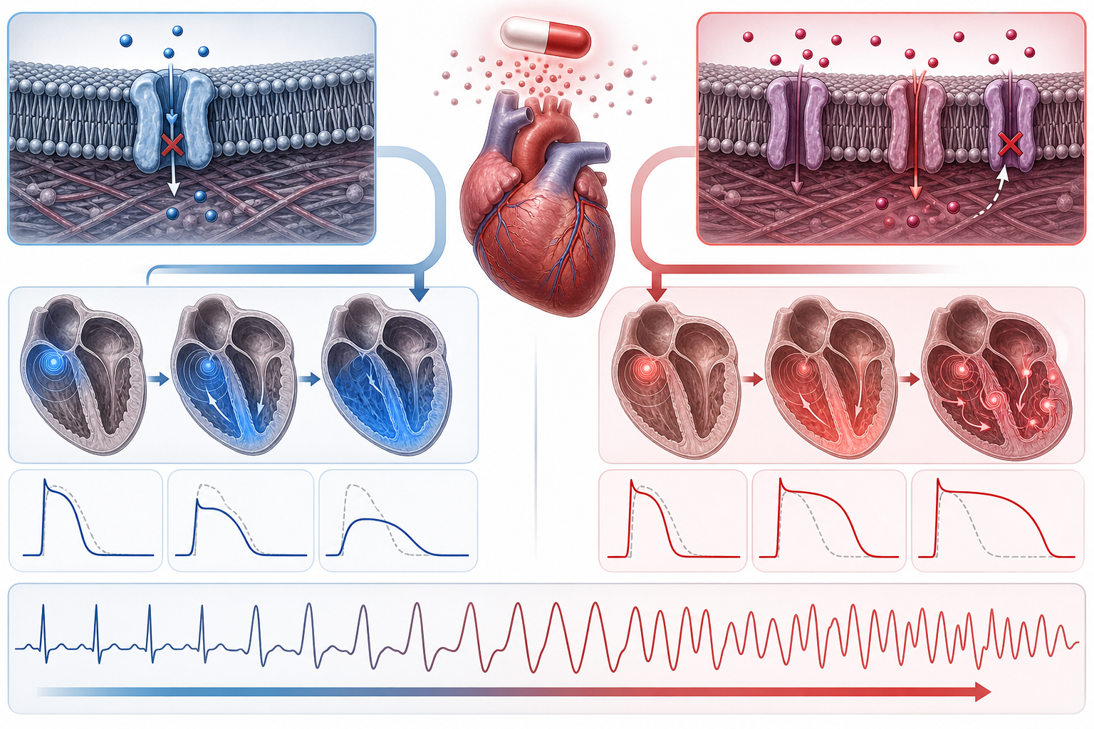 Split cardiac electrophysiology visual showing sodium-channel blockade causing slowed conduction and hERG blockade delaying ventricular repolarization.