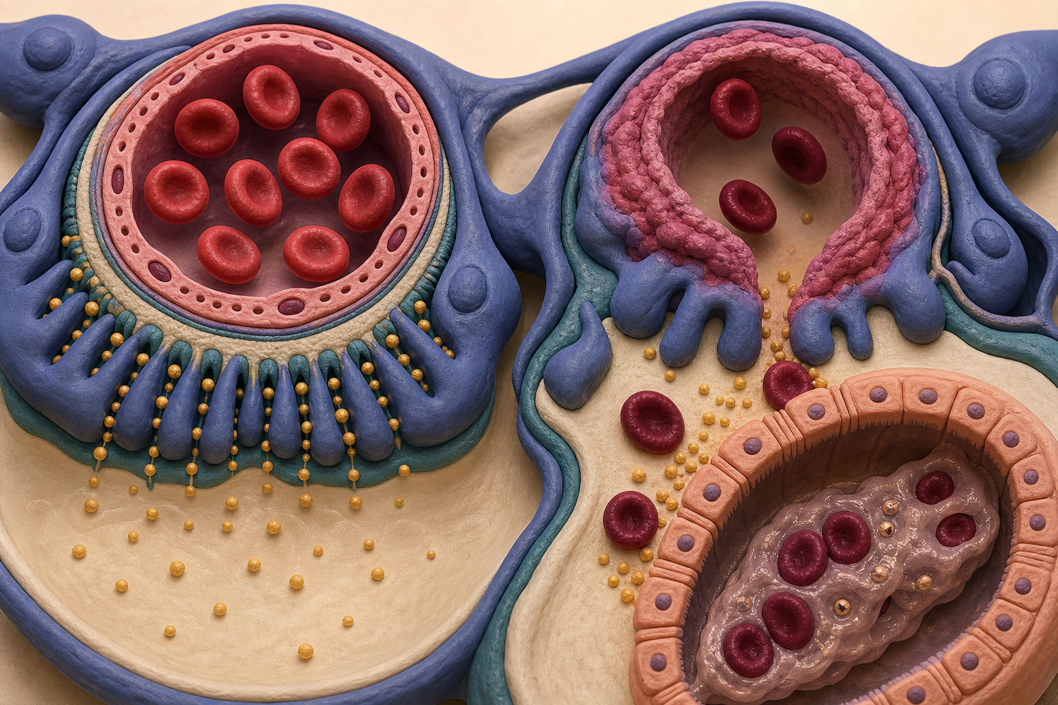 Cross-sectional glomerular comparison showing protein passing through injured podocyte slits in nephrotic syndrome and red blood cells crossing an inflamed capillary wall in nephri