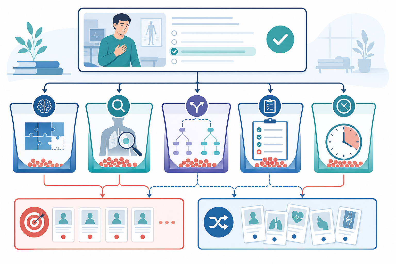 Visual dashboard concept grouping question errors into knowledge, recognition, discrimination, execution, and timing patterns that guide the next study block.