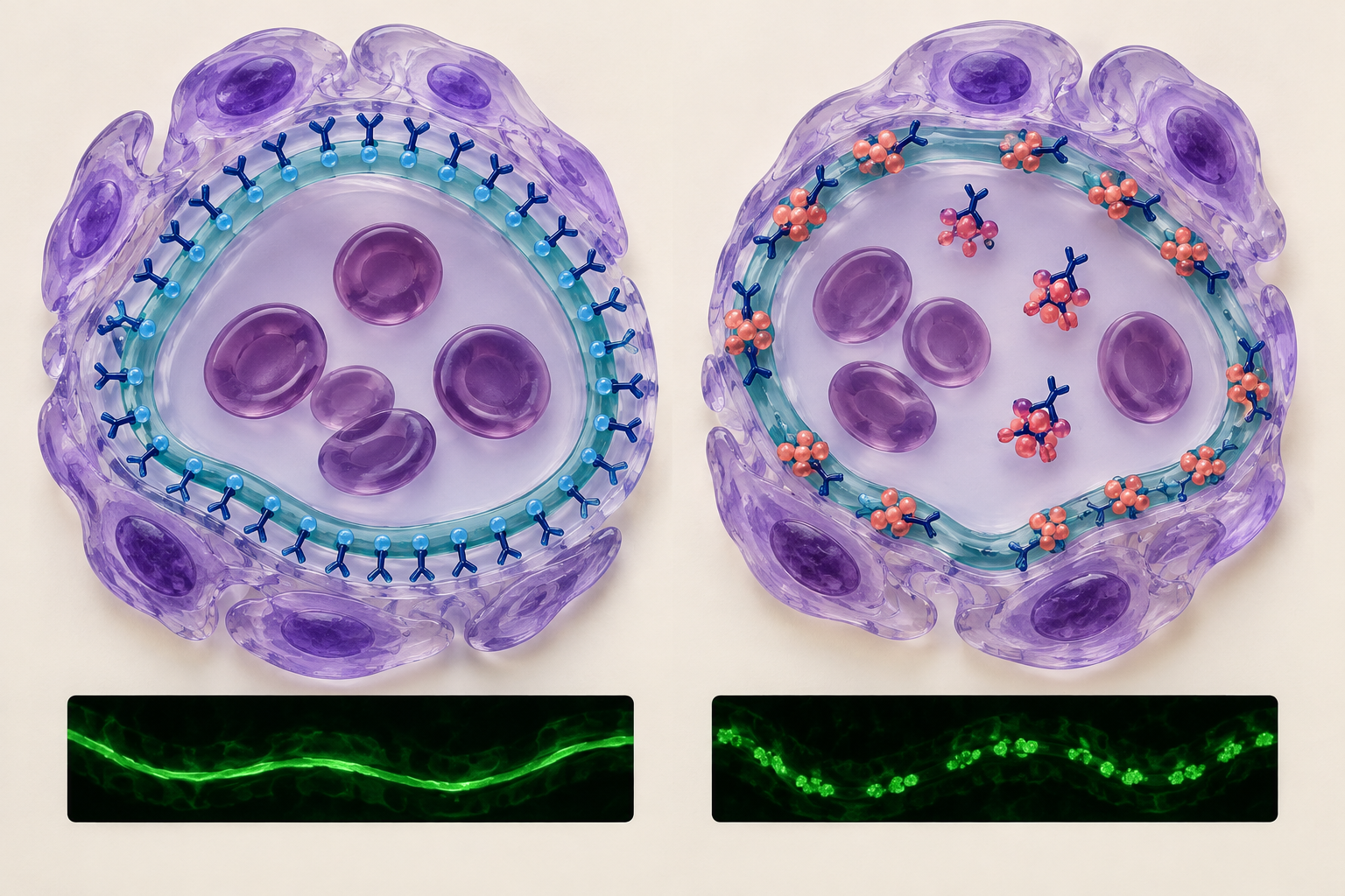 Side-by-side kidney capillary diagrams show type II antibodies binding directly along a continuous basement membrane and type III antigen–antibody complexes forming discontinuous g