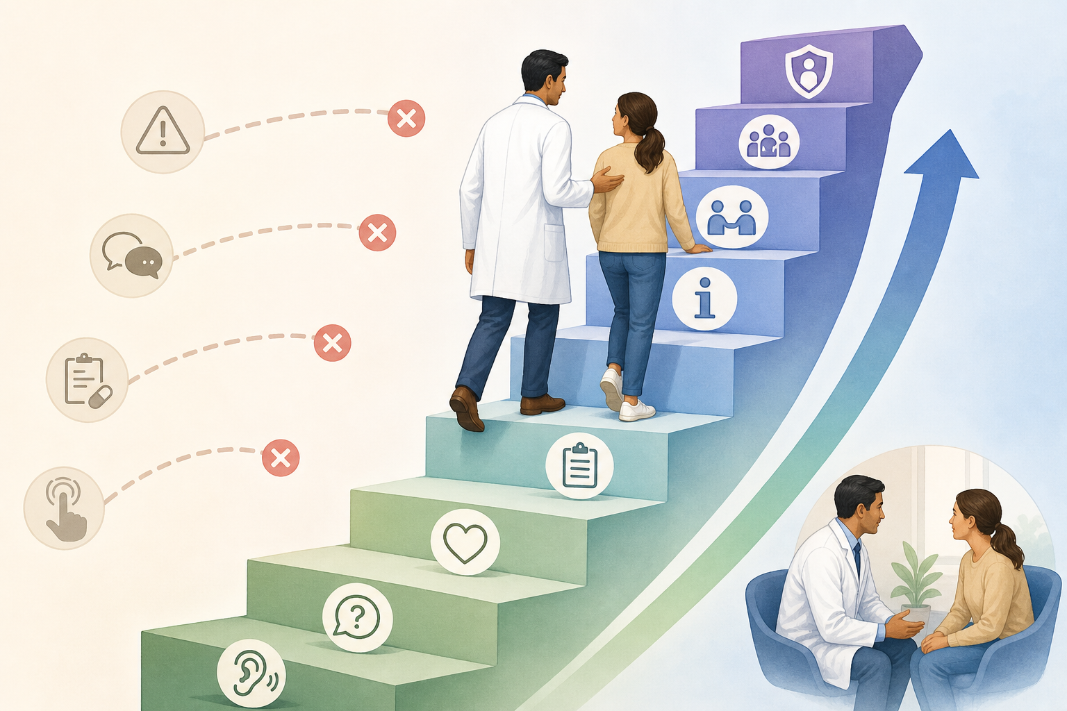 A visual timing ladder contrasting information gathering and patient-centered communication with escalation that occurs only when justified.