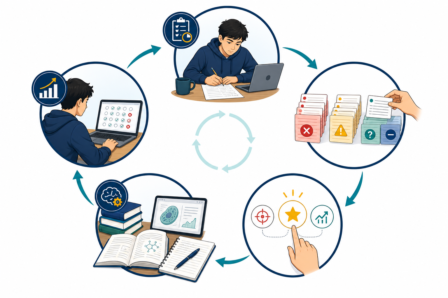 A five-stage cycle showing how an MCAT full-length leads to error classification, priority selection, targeted repair, and re-testing.