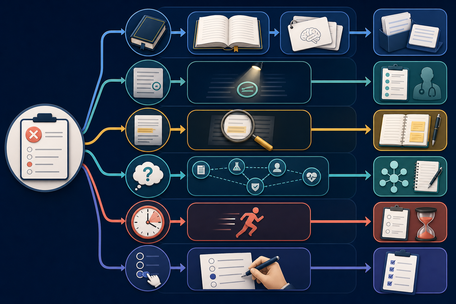 Decision flow showing how a learner distinguishes knowledge, cue-recognition, interpretation, reasoning, timing, and execution errors before selecting a repair task.