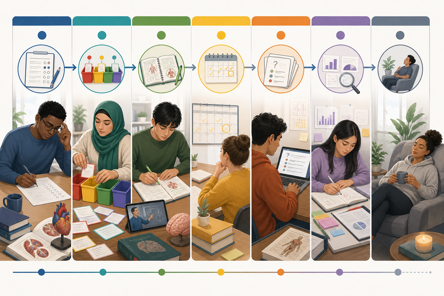 A visual weekly cycle moving from mixed practice through error classification, targeted repair, delayed retesting, and transfer to timed mixed questions.