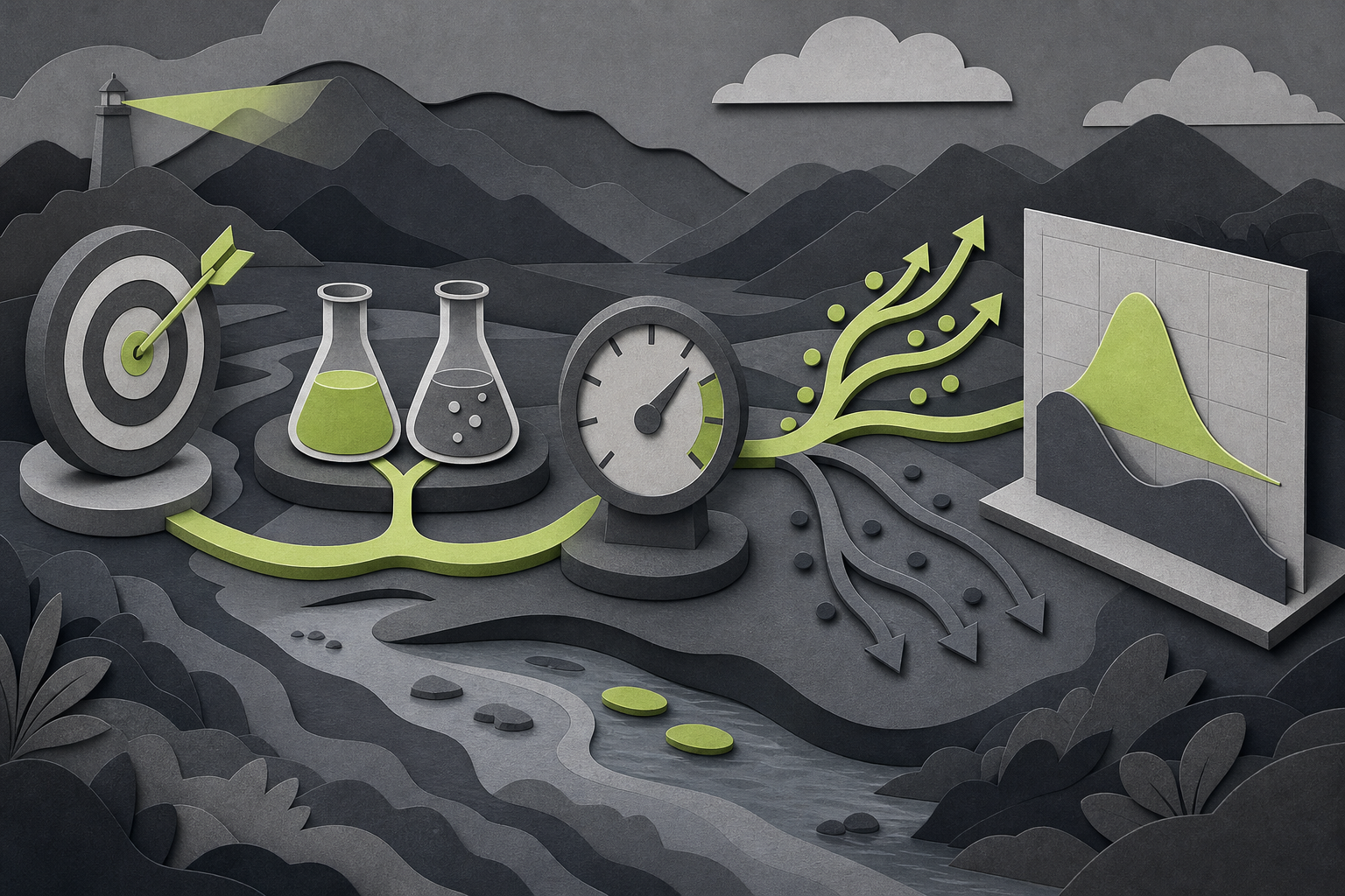Four connected visual zones represent identifying an experiment’s purpose, manipulated and measured variables, directional relationships, and main figure pattern.