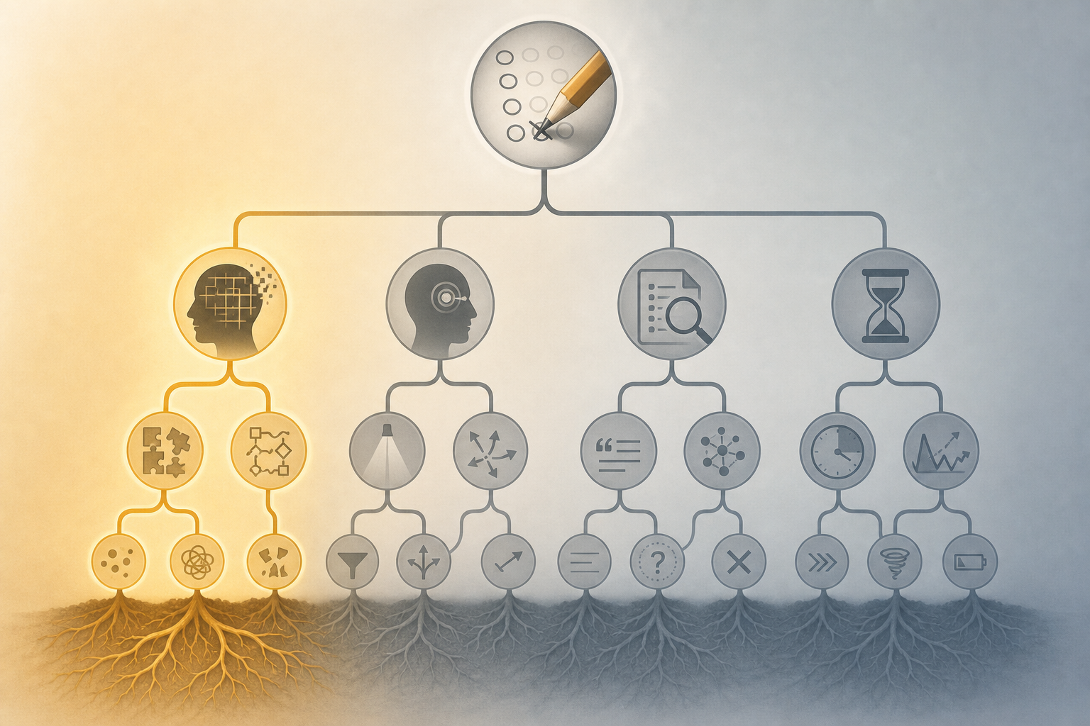A branching diagnostic visual that traces a missed CARS question back to the earliest reasoning error rather than its later symptoms.
