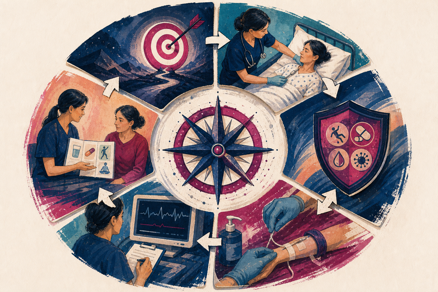 A circular clinical decision pathway connects medication purpose, client assessment, danger checks, nursing action, response evaluation, and teaching.