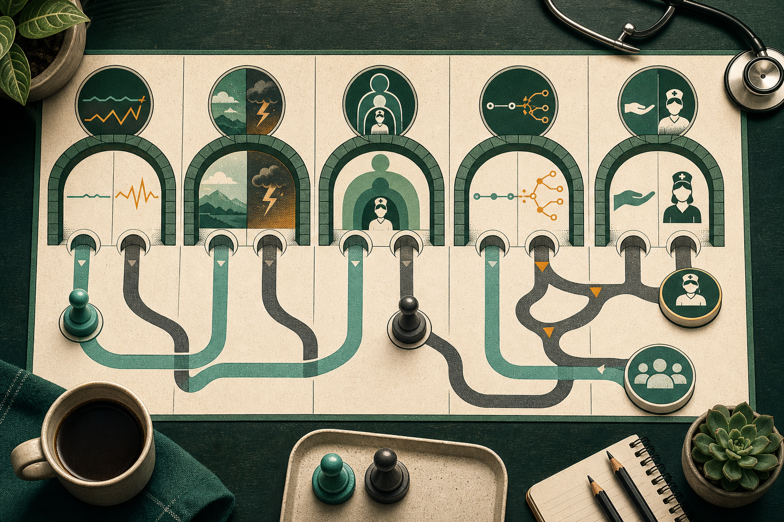 A five-stage decision pathway compares client stability, immediate risk, staff scope, outcome predictability, and the need for nursing judgment.
