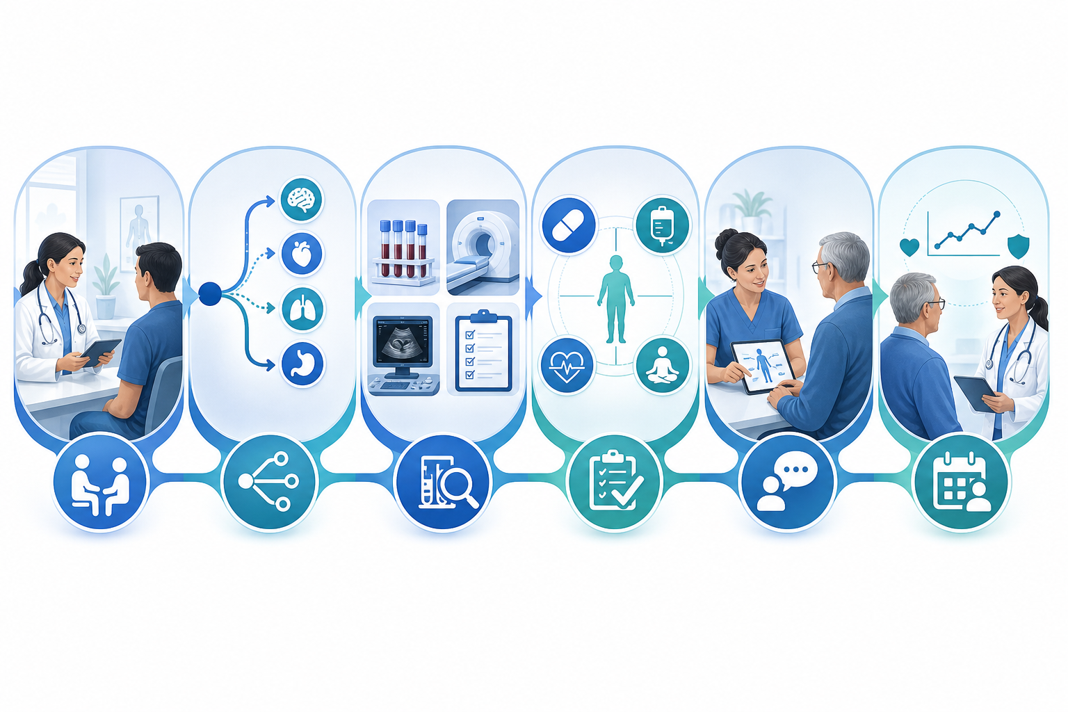 A six-stage clinical reasoning pathway moves from patient presentation to differential diagnosis, focused workup, first-line management, counseling, and follow-up.