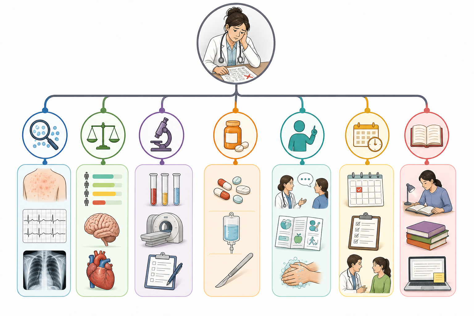 A decision pathway separates FNP question errors into recognition, differential, workup, management, counseling, follow-up, and question-execution gaps.